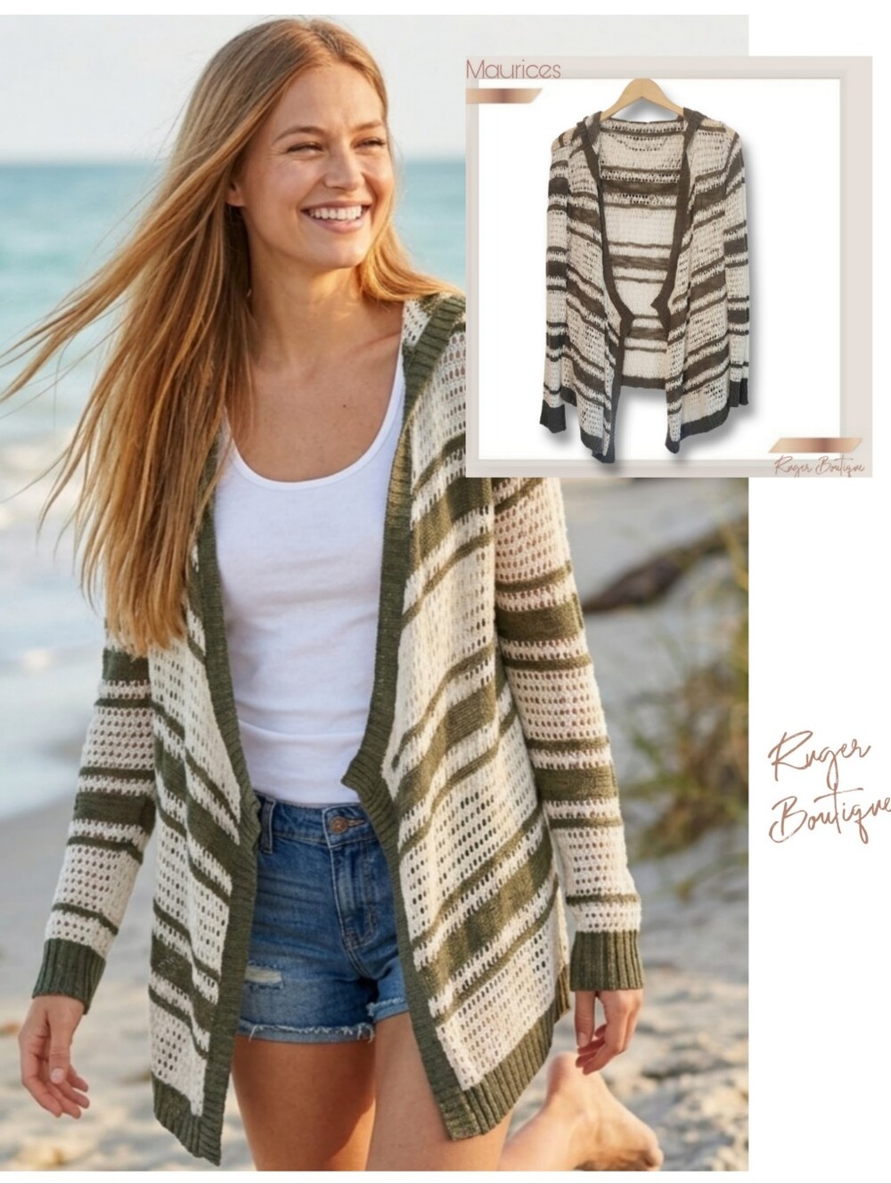 🌿Maurices Crochet Hooded Cardigan Medium Green Cream Striped Open Front Boho